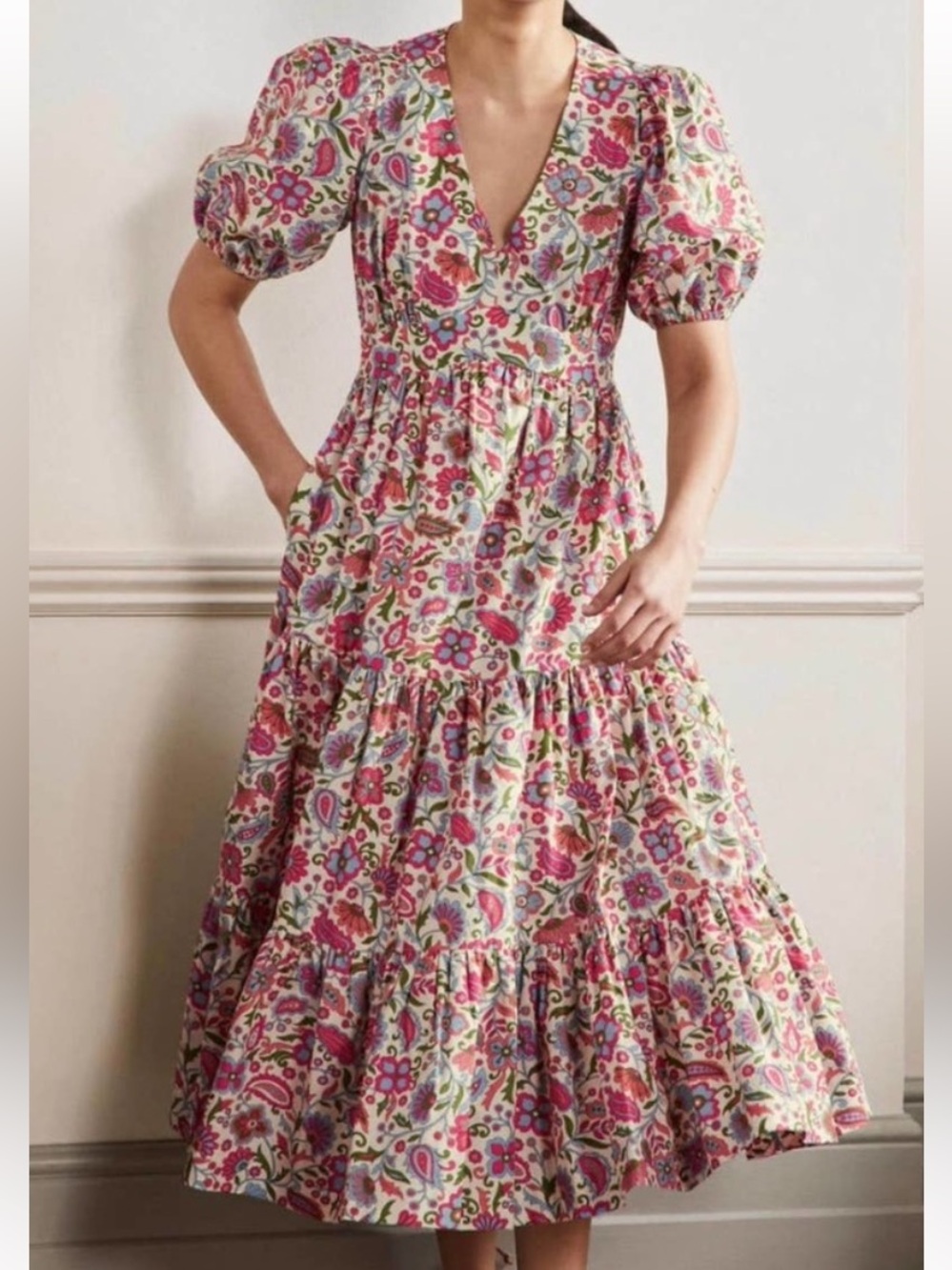 Boden Puff Sleeve Tiered Preppy Midi Dress Oriental Paradise Floral US 4
